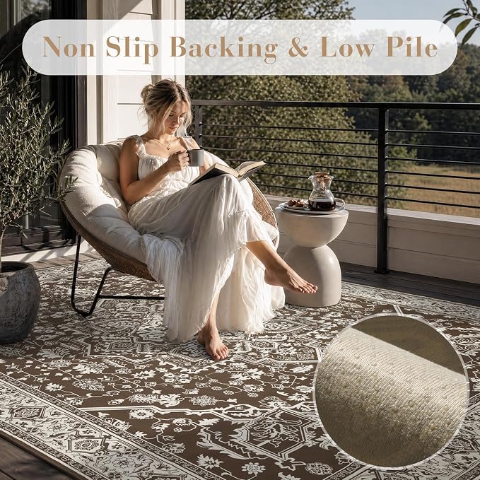 AMOAMI-Outdoor Rug-Patio Rug 8x10 ft Quick Dry Flatweave Textured Machine Washable Outdoor Carpet with Rubber Particles Backing Vintage Outdoor Area Rug for Patio Deck Front Porch Balcony Brown