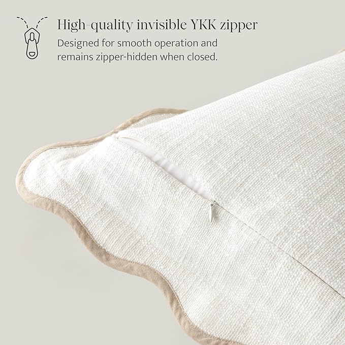 Double Stitch Scalloped Throw Pillow Covers - 100% Cotton Set of 2 Decorative Boho Pillow Covers 18 x 18, Made in India, Square Cushion Case, Modern Home Decor for Couch Sofa Living Room, Cream