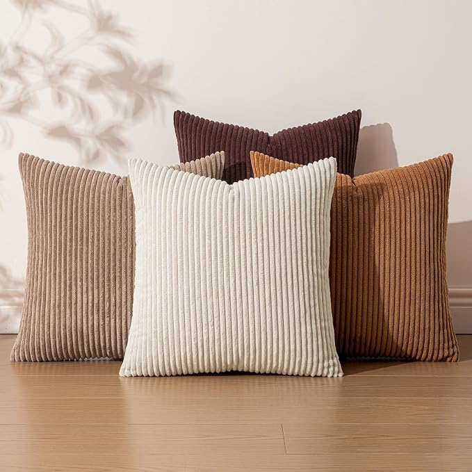 EMEMA Brown Decorative Throw Pillow Covers 16x16 Inch Set of 4 Boho Farmhouse Corduroy Striped Square Pillow Case,Western Modern Cushion Covers for Couch Bed Livingroom Home Decor