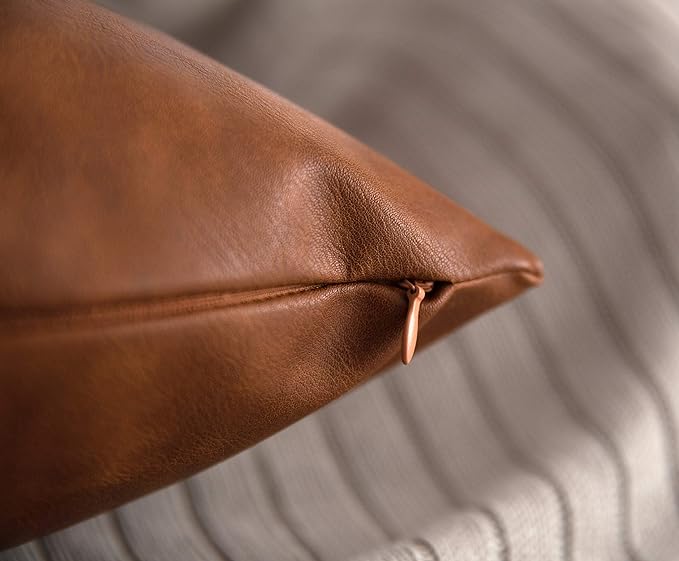Faux Leather Throw Pillow Covers 24x24 inch, Set of 2 Thick Cognac Brown Big Extra Large Modern Solid Decorative Square Minimalist Cushion Cases for Couch Bed Sofa