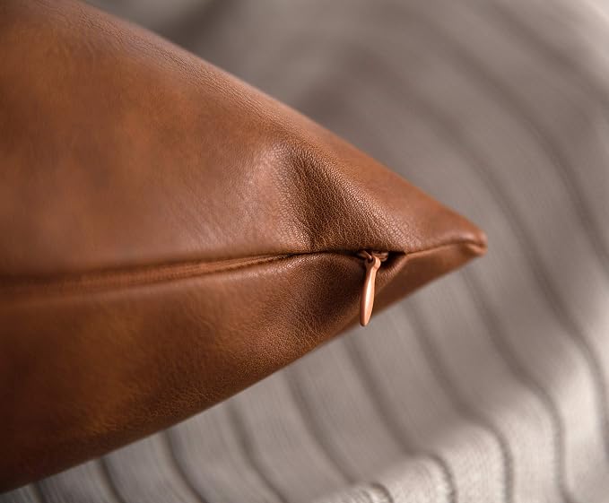 Faux Leather Throw Pillow Covers 22x22 inch, Set of 2 Thick Cognac Brown Modern Solid Decorative Square Minimalist Cushion Cases for Couch Bed Sofa