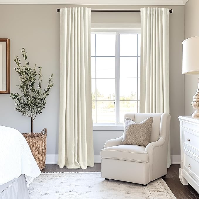 INOVADAY 100% Blackout Curtains for Bedroom, Light Cream Black Out Curtains 96 Inch Long, Clip Rings Linen Blackout Drapes, Thermal Insulated Room Darkening for Living Room, 2 Panels - W50xL96