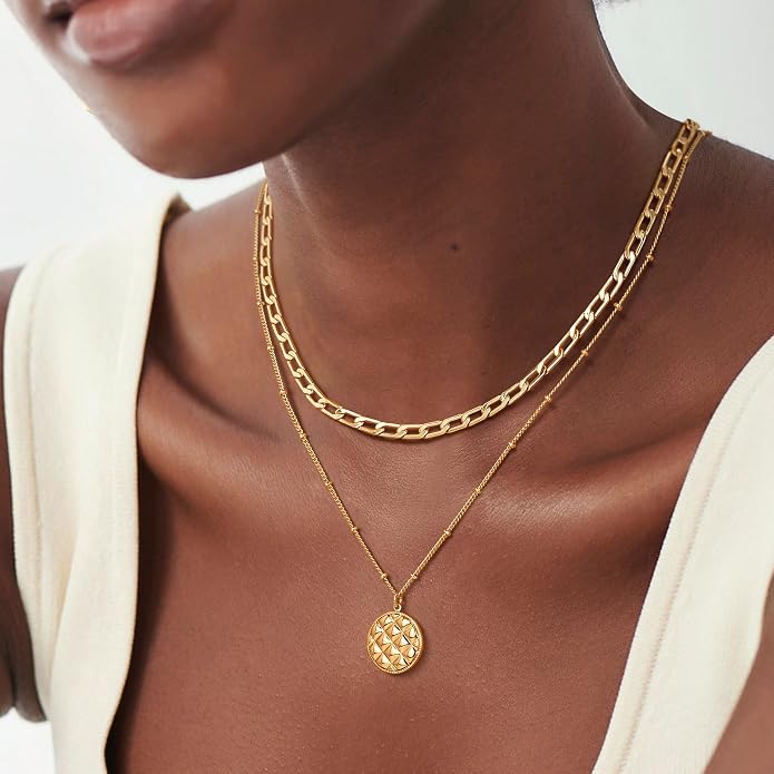 Dremmy Studios Dainty Gold Choker Necklace for Women 14K Gold Plated Coin Disc Figaro Layered Beaded Flat Mariner Sideways Cross Wishbone Link Clavicle Necklaces