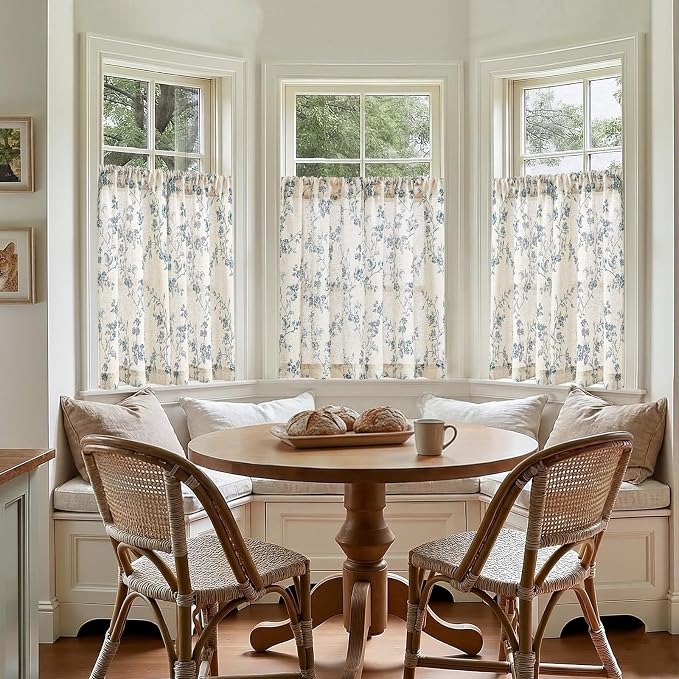 Lazzzy Elisa Floral Kitchen Curtains 36 Inch Linen Cafe Curtains Farmhouse Half Window Drapes Over Sink Light Filtering for Small Windows Rod Pocket Back Tab 2 Panels Blue on Beige
