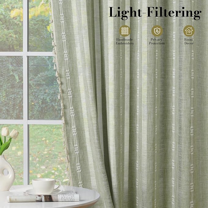 ColorBird Sage Green Boho Curtains Linen-Textured for Living Room Bedroom Light Filtering 84 Inches Farmhouse Whimsical Decor Embroidered Striped for Nursery Door Dining Room Window Treatments