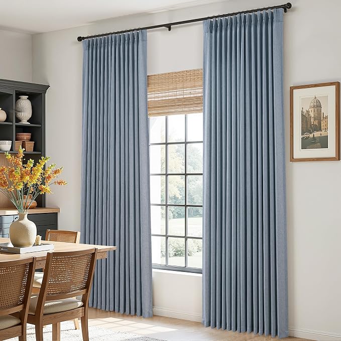 Stone Blue Pinch Pleated Linen Curtains 102 Inches Long for Living Room Bedroom Pinch Pleat Drape with Hooks Rings Light Filtering 102 Inch Length Curtain Sliding Patio Door 2 Panels Dusty Blue