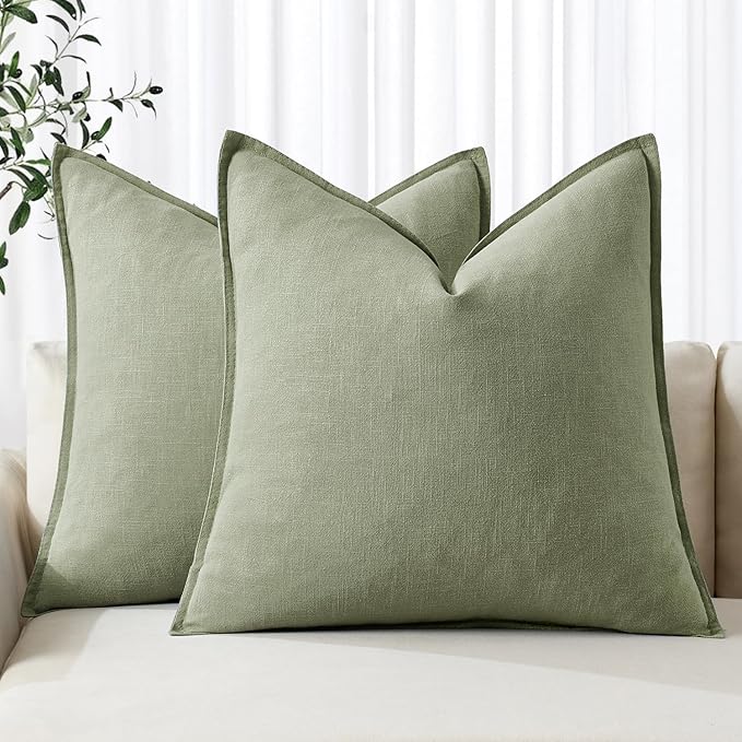 MIULEE Decorative Linen Pillow Covers 20x20 Inch Sage Green | Boho Farmhouse Neutral Couch Throw Pillows for Bed, Pack of 2 Accent Modern Pillowcases, Sofa Livingroom Home Decor