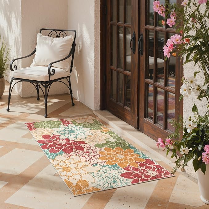GENIMO 3x5 Outdoor Rug, Washable for Porch and Balcony, Rust Teal | Floral design for entryway; fade resistant chenille with quick-dry non-slip backing for indoor mudroom