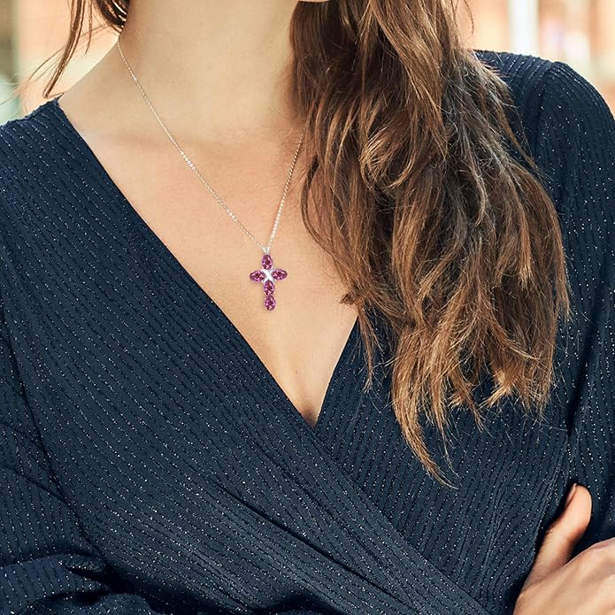 Gem Stone King Cross Pendant Necklace for Women | 925 Sterling Silver | 6X4MM Gemstone Birthstone | Jesus Christian Religious Crucifix Jewelry Gifts | 18 Inch Chain