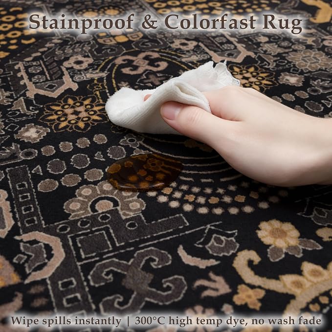 Ruaruarug Area Rug 5'×7', Non Slip Machine Washable Ultra Soft Stain & Fade Resistant, Pet & Kids Friendly, for Living Room/Bedroom/Kitchen/Classroom, Black and Gold