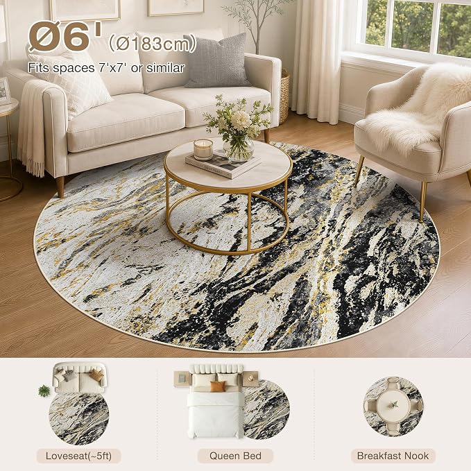 Area Rugs for Living Room: 6ft Round Abstract Washable Rug Modern Neutral Large Soft Stain Resistant Non-Slip for Bedroom Dining Room Indoor Home Office Carpet - Black Gold