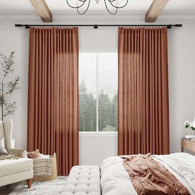 Aersas Rust Pinch Pleated Linen Curtains 84 Inches Long 2 Panel Set for Living Room Bedroom Natural Pinch Pleat Back Tab Rustic Semi Sheer Curtain for Dining Bedroom Office