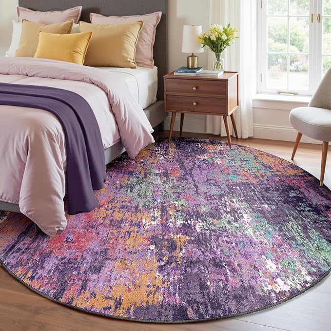 RELEANY Washable Area Rugs 8ft Non-Slip Modern Abstract Soft for Living Room Entryway Bedroom Kitchen, Print Pattern, Purple Orange Blue Green Rust Red Colorful