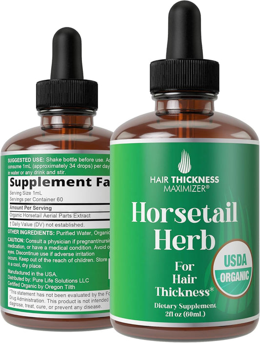 USDA Organic Horsetail Herb Liquid Drops for Hair Growth, Thickening. Vegan, Pleasant Tasting Supplement with Horsetail. Zero Sugar, Alcohol Free Hair Vitamins for Women and Men