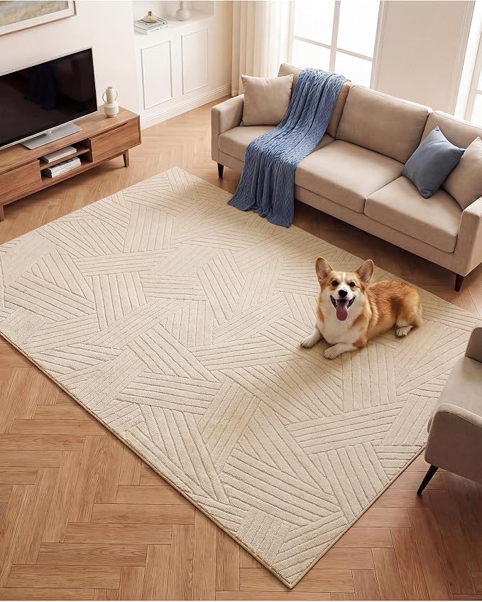 Carvapet 6x9 Area Rug - Beige High Low Pile Modern Floor Carpet, Luxurious Soft 3D Texture Large Rug with Skid-Resistant Rubber Backing for Living Room Dining Room