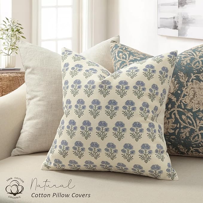 Farmhouse Floral Pillow Covers 12x20 Set of 2, Country Botanical Throw Pillow Cover for Sofa Couch Bed Living Room, Rustic Vintage Flower Cushion Covers Cottage Home Décor,Dusty Blue