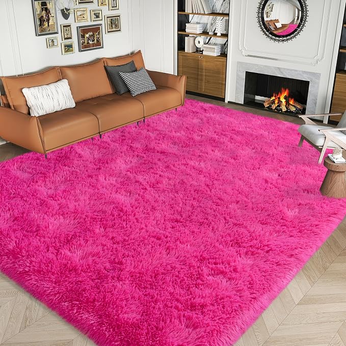 Dssimo Hot Pink Rugs for Living Room Bedroom, 9x12 Shaggy Area Rug | Large Plush Furry Upgrade Non-Slip Pink Area Rug for Nursery Kids Room Dorm Room Home Decor, Modern Indoor Floor Carpet