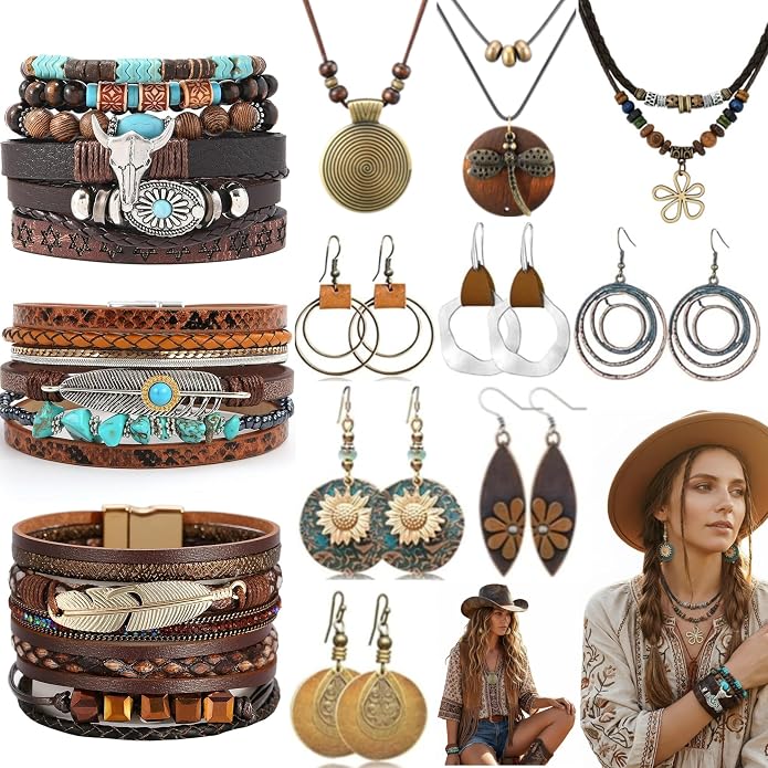 Tondiamo 12Pcs Boho Jewelry Set for Women Bohemian Western Jewelry Set with Long Pendant Necklace Dangle Earrings and Stackable Bangle Bracelets Accessories for Women Friendship Gift
