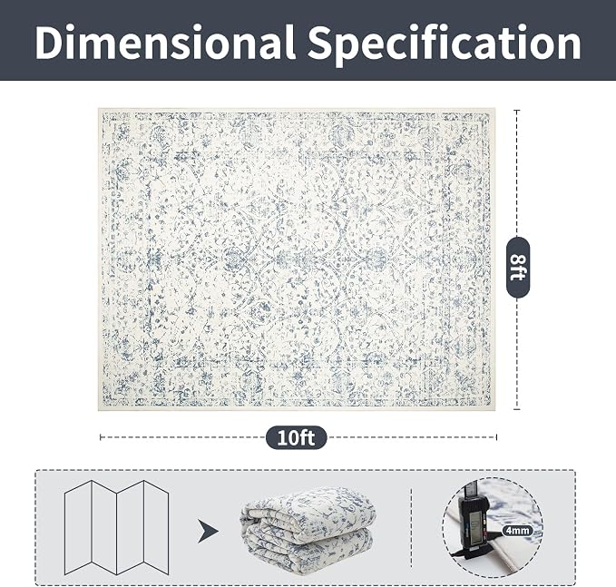 Washable Rugs 8x10 Area Rugs for Living Room- Large Vintage Rugs for Bedroom,Dining Room,Ultra Soft Low Pile Foldable Carpet with Non Slip Rubber Backing,Neutral Accent Rug(White-Blue)