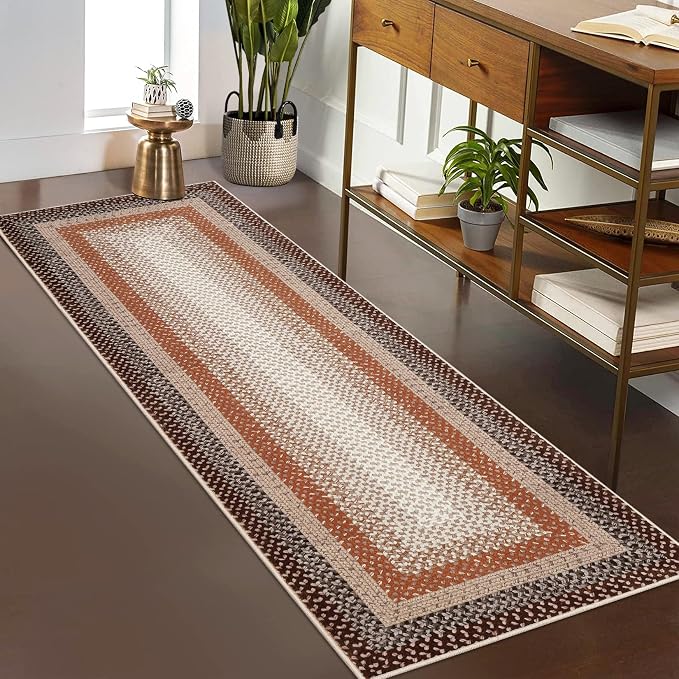 RUGSREAL 2x10 Long Hallway Runner Rugs Braided Print Rug Non Slip Kitchen Runner Mat Washable Farmhouse Runners Carpet Rustic Accent Area Rug for Living Room Bedroom Bathroom, Brown/Rust