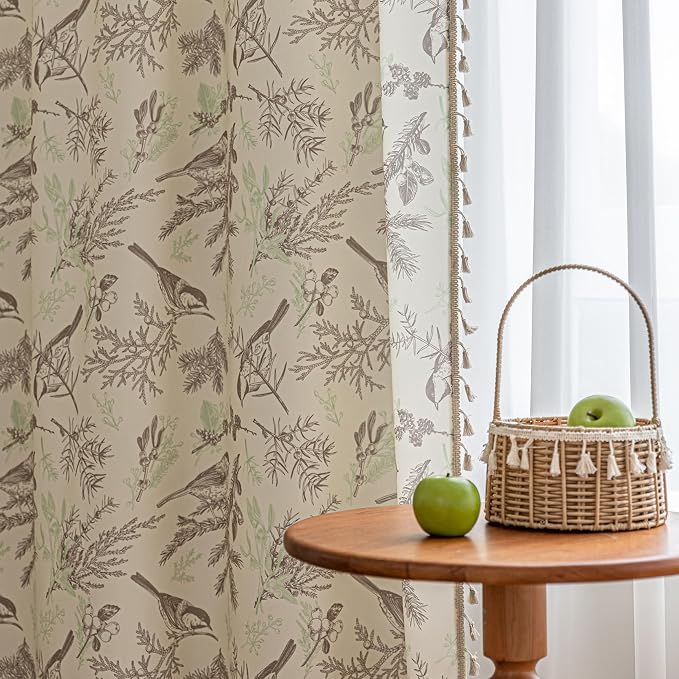 Bird Botanical Curtains 54 Inches Long, Boho Farmhouse Light Filtering Rod Pocket Drapes with Tassel Trim for Bedroom Living Room, 2 Panels