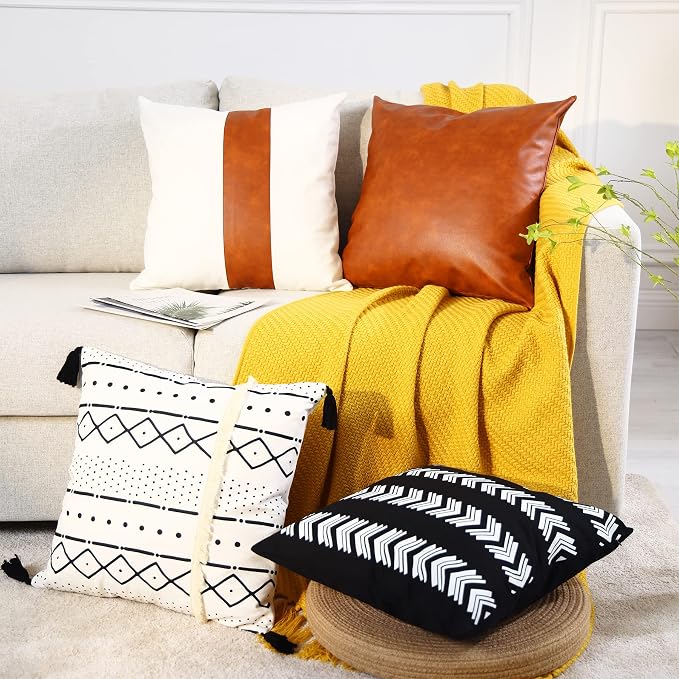 GALMAXS7 Boho Throw Pillow Covers 20 x 20 Set of 4,Faux Leather Throw Pillow Covers,Modern Farmhouse Decorative Pillow Cover Sets for Living Room Couch Sofa Bed,Black and White Pillow Covers
