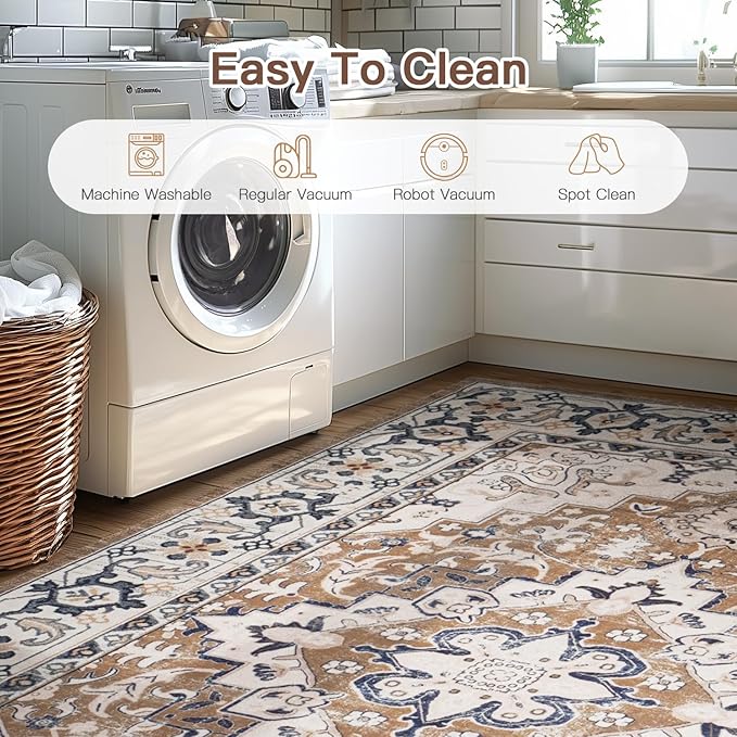 Lofus 7x10 Area Rugs for Living Room, Washable Area Rug, Rugs for Bedroom, Kitchen, Vintage Boho Carpet, Soft Non-Slip, Low Pile Large Area Rug for Office Dining Room, Floral Brown