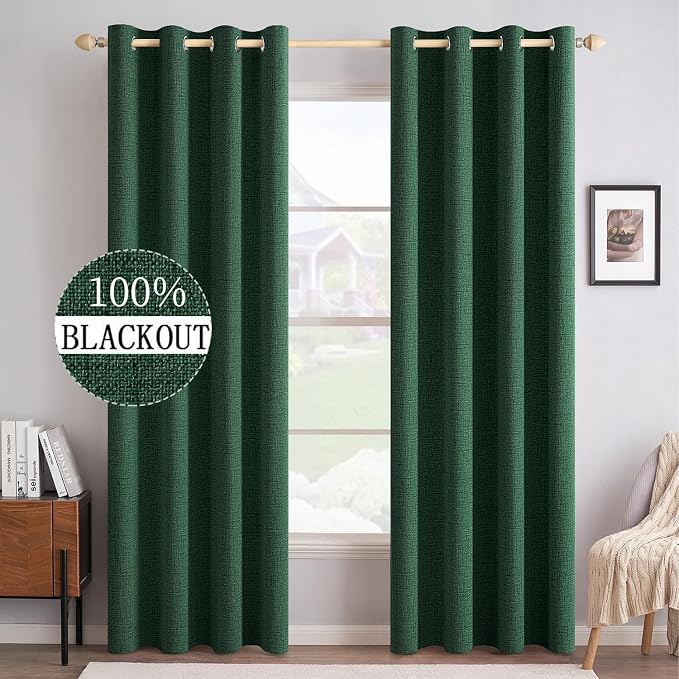 MIULEE Linen Curtains for Bedroom 100% Blackout Thermal Insulated Emerald Green Grommet Room Darkening Curtains & Drapes Christmas Decor for Living Room 52 x 90 Inch (2 Panels)