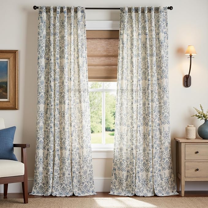 jinchan Linen Floral Curtains for Living Room with Printed Flower 96 Inches Long Light Filtering Farmhouse Window Treatment Vintage Drapes Back Tab Rod Pocket 2 Panels Blue on Beige