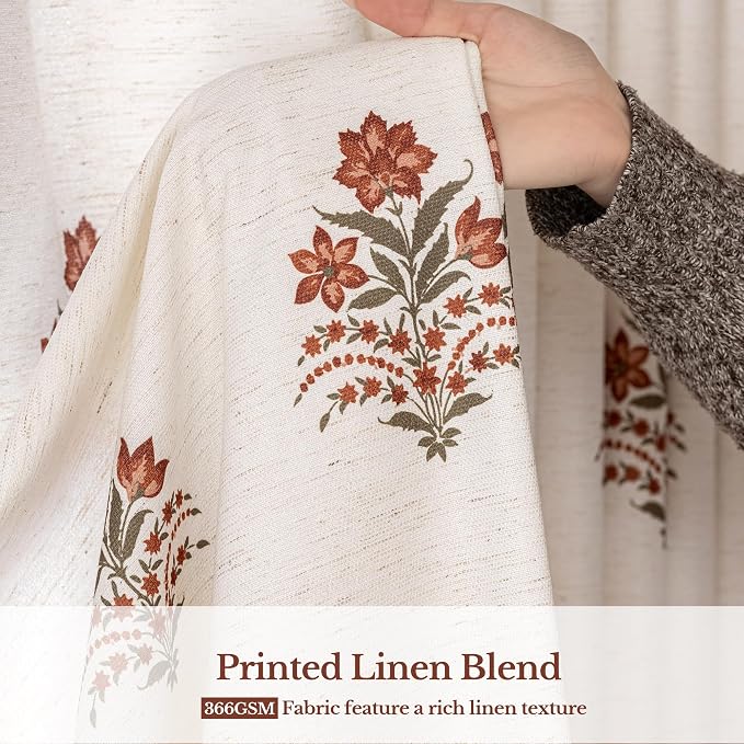 Pinch Pleated Curtains Light Filtering Red Floral Curtains for Living Room Bedroom Dining Room 102 Inches Luxury Linen Drapes Farmhouse Window Curtains with Hooks - 2 Panels Set, 40" x 102"