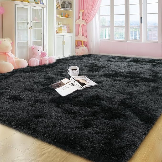 qulint Living Room Area Rug 6x9, Shag Fluffy Rug for Bedroom, Black/Grey | Tie-dyed Black Gray Shaggy Fuzzy Large Carpet for Boy Room, Plush Modern Alfombras for Classroom Nursery Dorm Home Decor