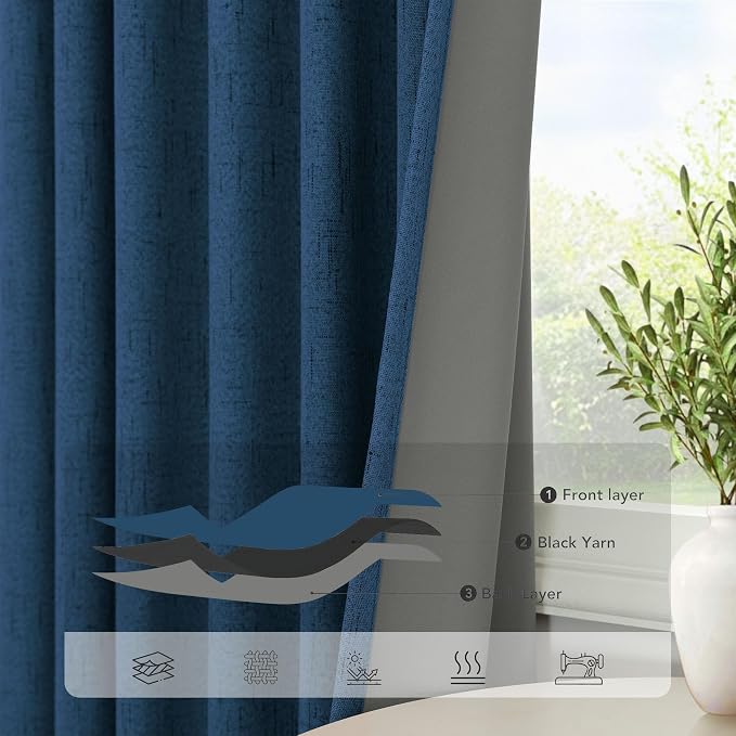Navy Blue Linen Textured Blackout Curtains 72 Inches Long for Bedroom Nursery Room Darkening Thermal Insulating Window Black Out Nautical Curtains for Living Room Door Back Tab 72 Length 2 Panels Set
