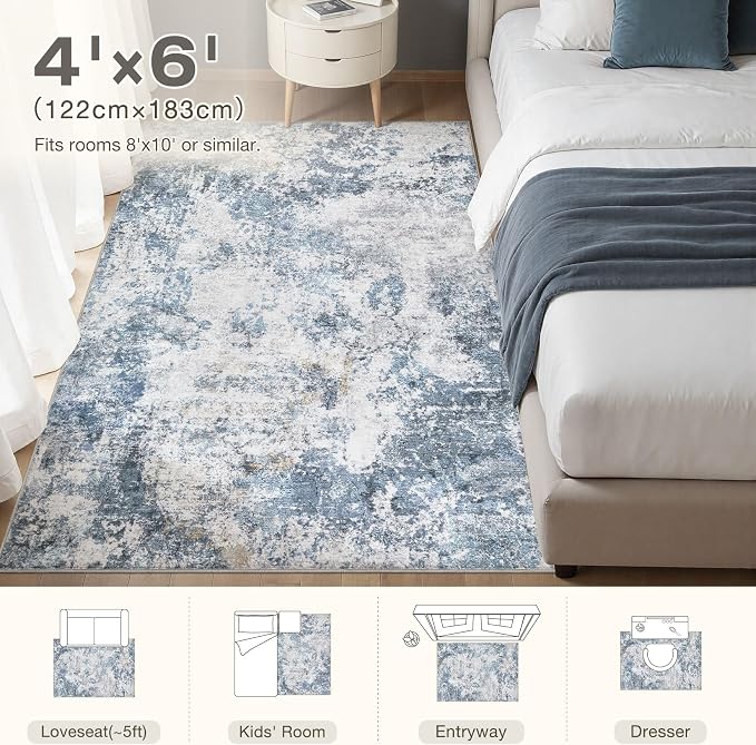 DMOYEST 4x6 Area Rug - Washable & Non Slip Indoor Rug for Living Room, Ultra Soft Abstract Low Pile Carpet, Kid & Pet Friendly Neutral Decor for Bedroom - Blue