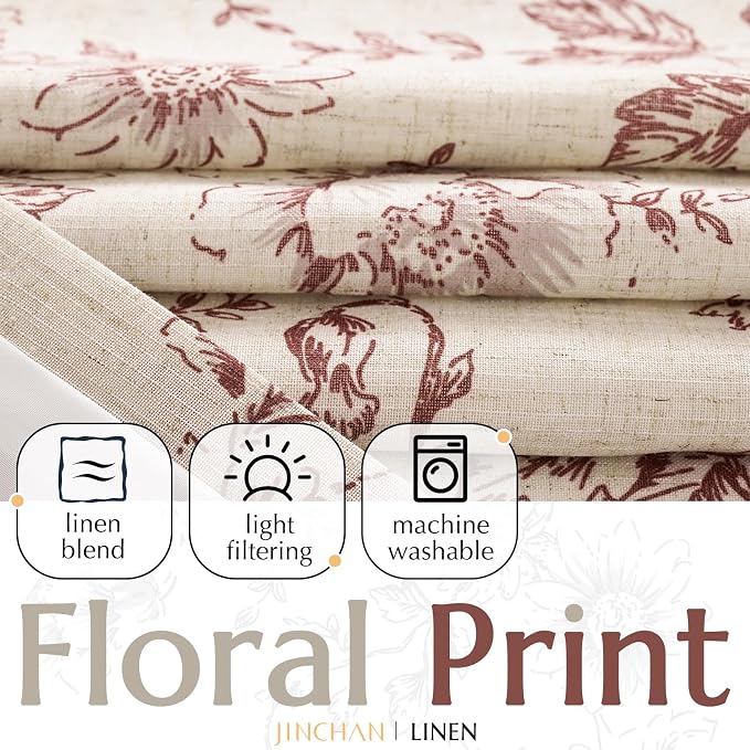 jinchan Red Floral Linen Curtains Lined 63 Inch Farmhouse Back Tab 2 Panels | Privacy lining, light filtering drapes, vintage, cottagecore, french country, rustic, bedroom, living room, window treatment