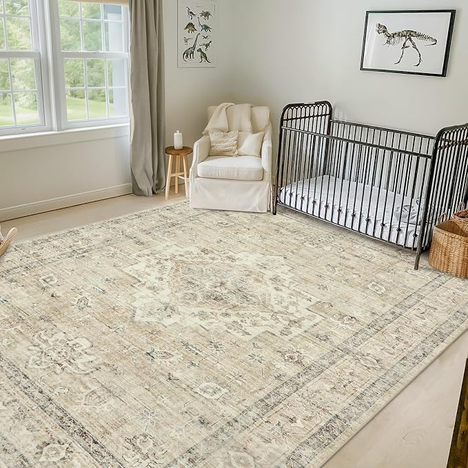 LIVEBOX Washable Area Rug 9x12 Rugs for Living Room Bedroom, Non-Slip Boho Neutral Carpet for Dining Room Office, Low-Pile Farmhouse Soft Carpets for Kids Nursery Room Playroom, Tan