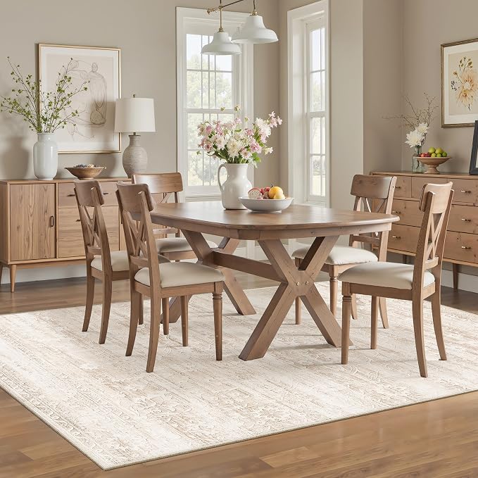 Soalmost 5x7 Area Rugs for Living Room, Washable Neutral Rug Beige Ivory | Vintage Floral Soft Non-Slip Low Pile Thin Throw Large Carpet for Dining Room Bedroom Kitchen Home Office Nursery 5'x7'