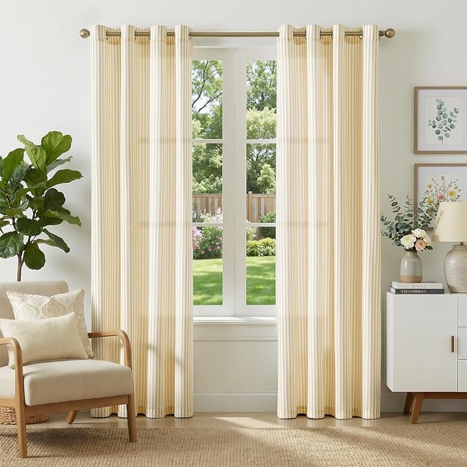 jinchan Linen Curtains 84 inch Yellow Stripe on White Grommet 2 Panels | Curtains for Living Room Bedroom,Ticking Vertical Stripe Pattern,Modern Farmhouse Drapes, Window Treatment,Light Filtering