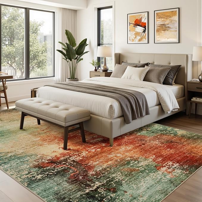 Joydeco 5x7 Area Rugs for Living Room, Non-Slip Modern Abstract Soft Washable Rug, Low Pile Carpet for Bedroom, Dining Room, Home Office, Pet & Child Friendly, Green & Orange & White