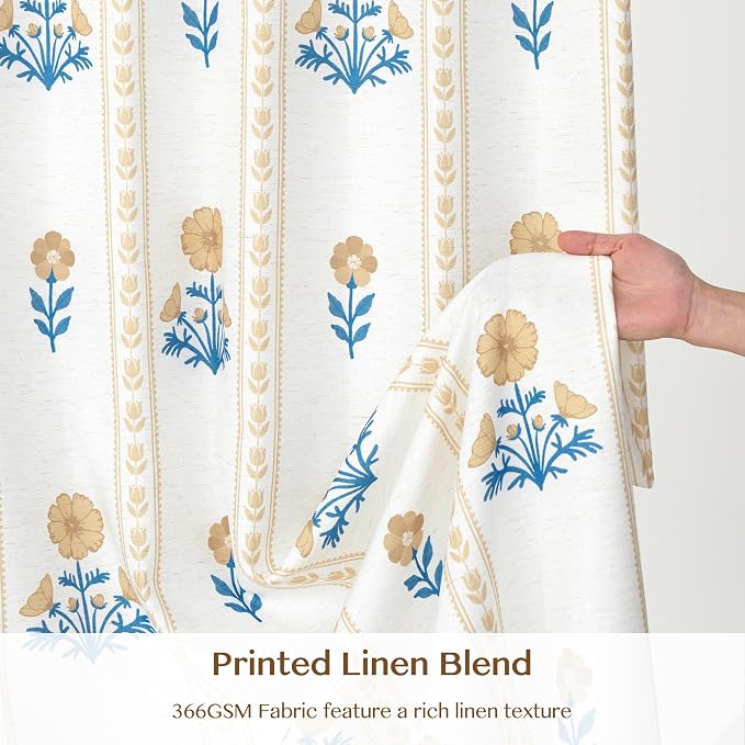 THREE GIRLS Pinch Pleated Light Filtering Linen Blend Floral Block Print Curtains for Living Room, Bedroom, Farmhouse, Memory Trained, Hooks, 2 Panels Set, 40"x102", Yellow