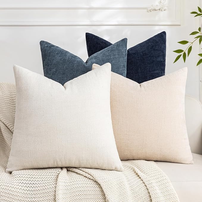 Set of 4 Soft Textured Decorative Throw Pillow Covers 20x20 Inch Cozy Farmhouse Cushion Cover Square Accent Pillow Cases for Bed Couch Sofa Living Room, Beige White Blue