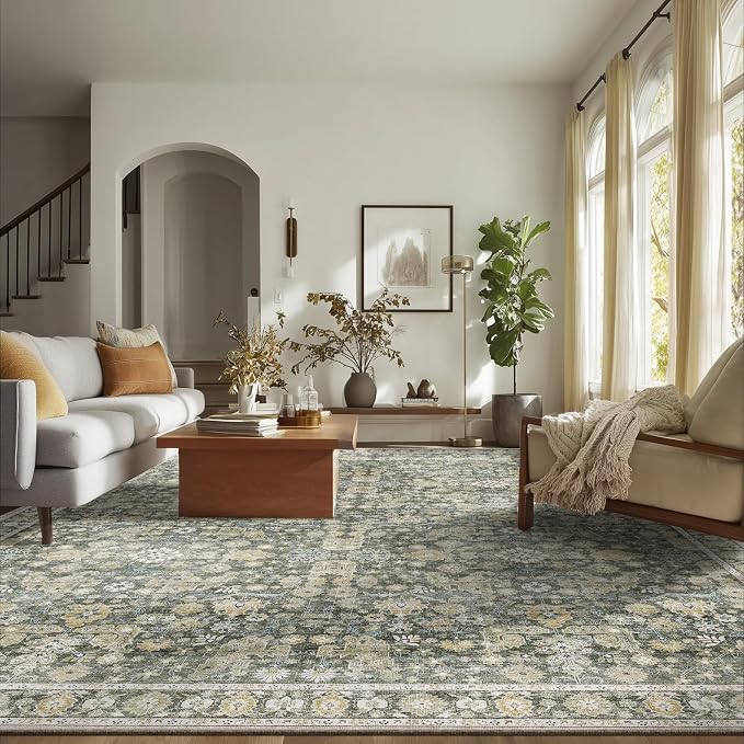 Washable Rugs for Living Room: 9x12 Area Rugs for Bedroom Ultra Soft Non-Slip Stain Resistant Vintage Boho Large Carpet for High-Traffic Dining Room - Farmhouse Decor