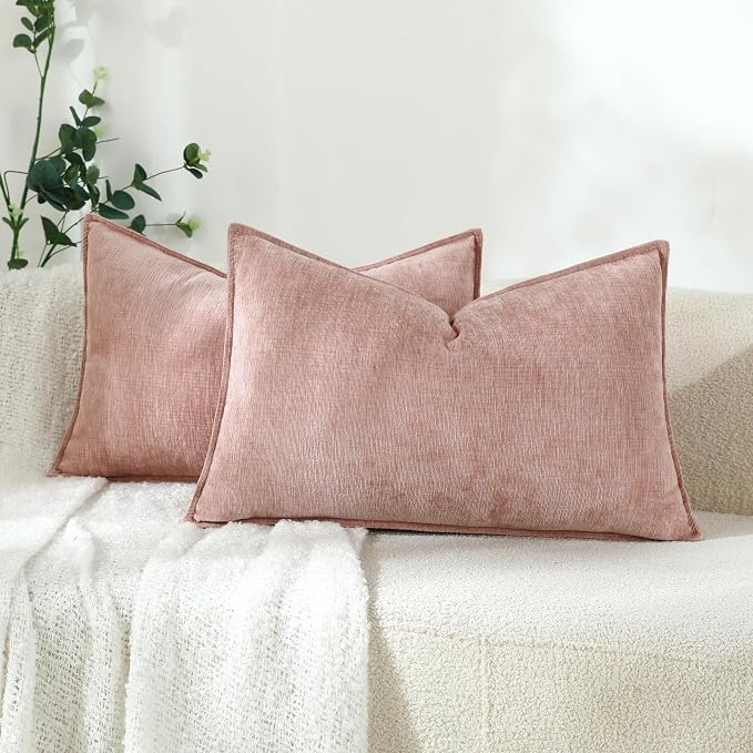 Stellhome Set of 2 Pink Decorative Pillow Covers Super Soft TextureLumbar Chenille Throw Pillow Covers Accent Solid Cushion Cover for Couch Sofa Bedroom Living Room 12x20 Inch