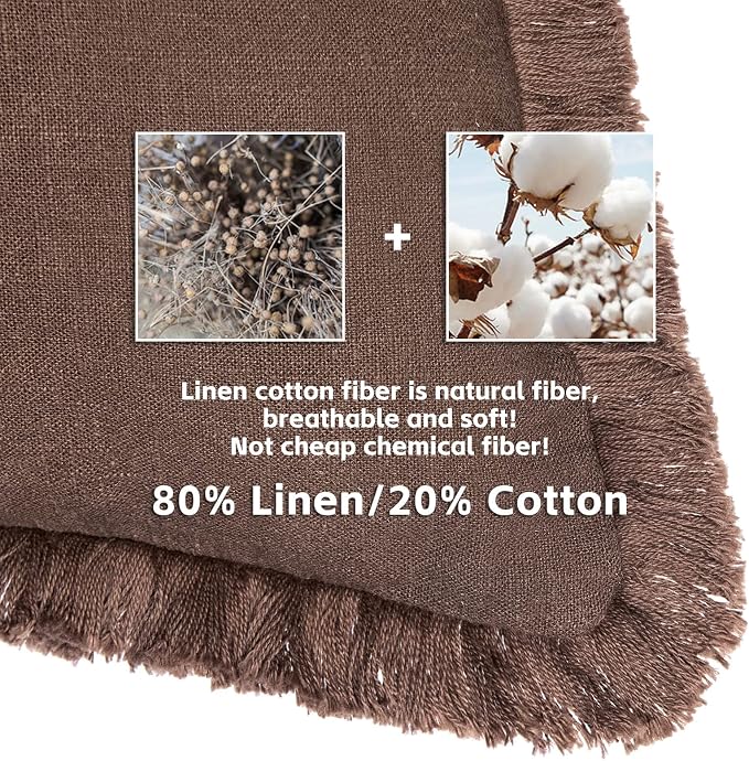 AmHoo Pack of 2 Linen Pillow Covers with Tassels Fringed Decorative Rustic Natural Throw Pillowcase Cushion for Couch Sofa Bedroom 12 x 20-Inch Brown