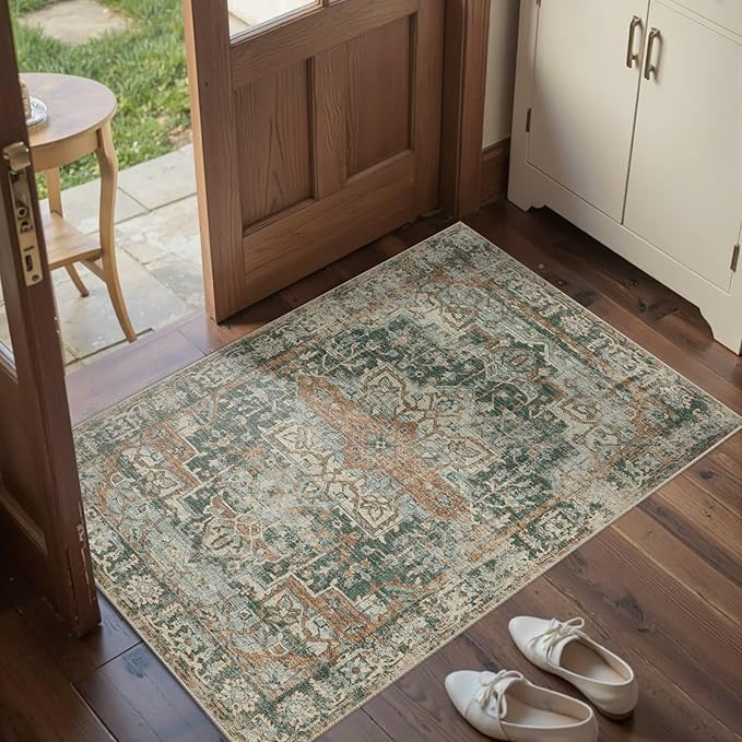 Rugxara 2x3 Entryway Rug Door Mat, Washable Samll Rug, Non Slip, Green | Rug for Entry Entrance Bathroom Kitchen, Stain Resistant, Soft Throw Accent Rug, Low Pile Front Door Mat, Vintage Boho Carpet