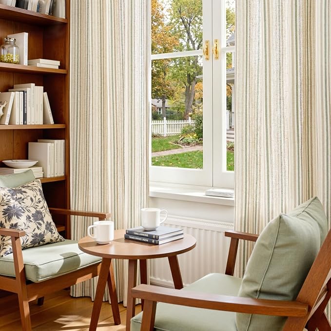 jinchan Linen Curtains 84 inch Green Stripe for Kids Room Grommet 2 Panels | Kids Curtains for Nursery Living Room Bedroom Baby Boys Room,Cute Colorful Ticking Stripe,Cottagecore Rustic,Light Filtering