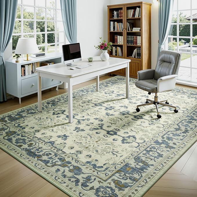 Lessymo Washable Area Rug for Living Room,8x10 Large Rugs with Non-Slip Backing,Soft Boho Carpets for Bedroom Dining Room Nursery Home Office,Light Blue