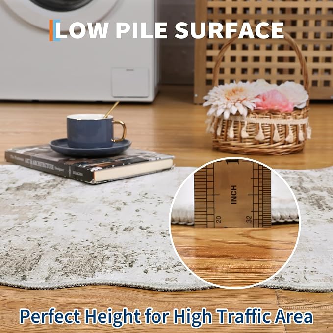 ROYHOME 2x6 Modern Abstract Scalloped Runner Rug Non Slip Soft Stain Resistant Low Pile Machine Washable Non Shed Rug for Hallway Kitchen Bathroom, Taupe