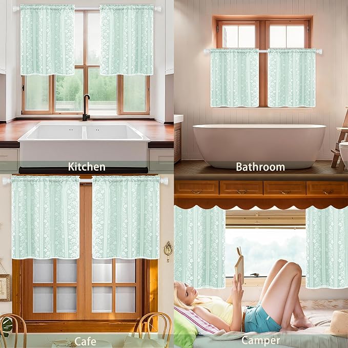 ASPMIZ Linen Kitchen Tier Curtains 24 Inch Length, Double Layered Kitchen Curtains 2 Panel Sets Rod Pocket Short Window Curtain, Farmhouse Window Treatment Curtain for Bathroom, Cafe, Mint Green
