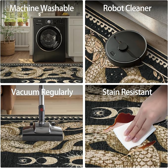 DCX Washable 4x6 Snake Rug, Black Gothic Rug for Living Room, Soft Low Pile Carpet, Kid & Pet Friendly with Rubber Back Non Slip, Stain Resistant Rug for Bedroom Dining Room Office