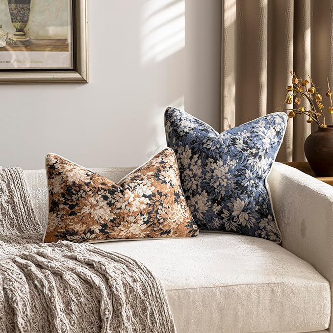DEZENE Pack of 2 Vintage Floral Throw Pillow Covers 20x20 Boho Farmhouse Accents Chenille Square Decorative Pillow Cases for Living Room Couch Bed Home Decor, Dusty Blue